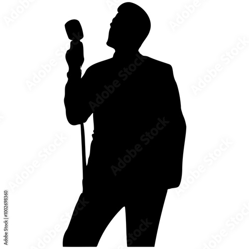 Singer Pose Silhouette. singing with a microphone on the stage. High quality silhouette singers . Pop, country music, rock stars and hiphop rapper artist vocalists . Popular singer super star vector s