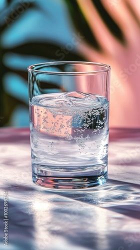 A glass of ice water with bubbles on a white cloth background with a blurred pink and blue background.