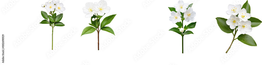 Obraz premium Collection of white jasmine flowers with green leaves on a transparent background showcasing floral beauty and nature elegance