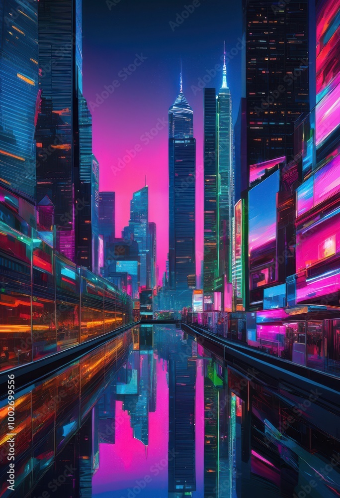 Obraz premium sleek chrome surfaces reflecting vibrant cityscapes neon lively urban atmospheres, reflection, skyscraper, light, modern, architecture, building, design