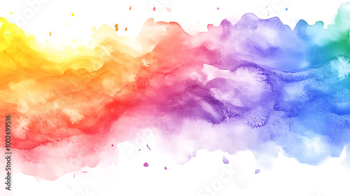 Rainbow watercolor banner background on white. Pure vibrant watercolor colors. Creative paint gradients, fluids, splashes and stains. Abstract creative design background.