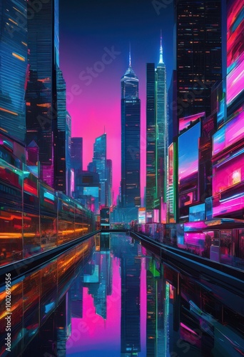 sleek chrome surfaces reflecting vibrant cityscapes neon lively urban atmospheres, reflection, skyscraper, light, modern, architecture, building, design