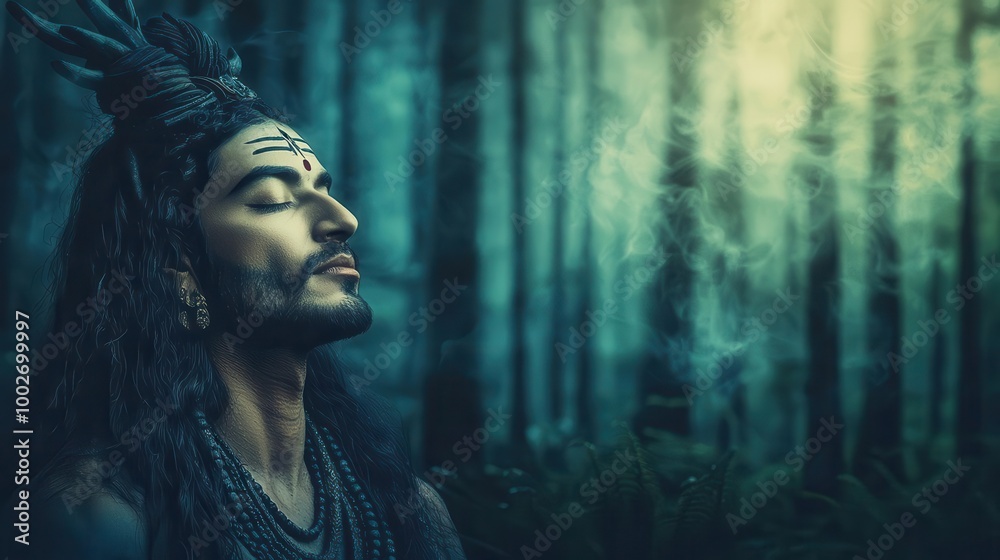 Shiva seated in a forest, eyes closed, surrounded by glowing mandalas of light, representing spiritual alignment, Shiva, meditation, mandalas Shiva seated in a forest, eyes closed, surrounded by glowing mandalas of light, representing spiritual alignment, Shiva, meditation, mandalas