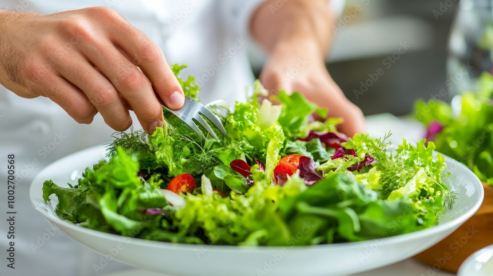 Before serving a dish to restaurant patrons, the chef adds the final touches to a salad made with fresh greens. Before serving a dish to restaurant patrons, the chef adds the final touches to a salad made with fresh greens.