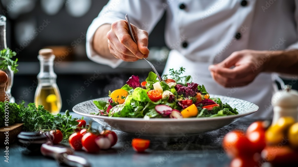 Before serving a dish to restaurant patrons, the chef adds the final touches to a salad made with fresh greens. Before serving a dish to restaurant patrons, the chef adds the final touches to a salad made with fresh greens.