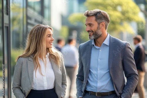 Two business colleagues man and woman talking and discussing work process, group of colleagues outside office building, Generative AI