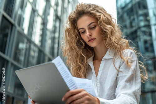 Woman analyst working with documents and use laptop sitting outside on modern building background, Generative AI