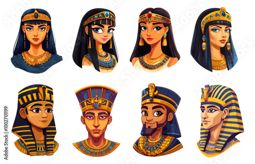 Pharaoh Cleopatra cartoon portraits. Egyptian king and queen face head avatars, cute pharaohs nefertiti goddess characters, egypt princess prince history person vector illustration