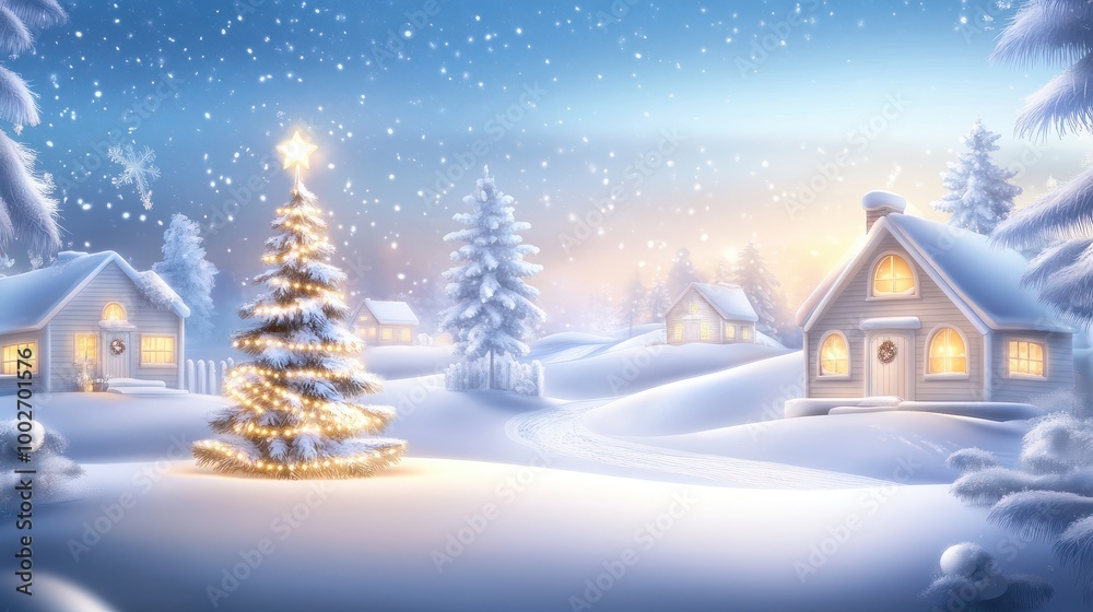 A classic Christmas card with a snowy winter landscape, featuring a decorated tree, snow-covered houses, and space for holiday wishes. A classic Christmas card with a snowy winter landscape, featuring a decorated tree, snow-covered houses, and space for holiday wishes.