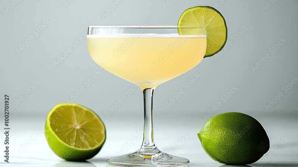 A refreshing cocktail in a coupe glass garnished with a lime wedge and two whole limes on a white surface. A refreshing cocktail in a coupe glass garnished with a lime wedge and two whole limes on a white surface.