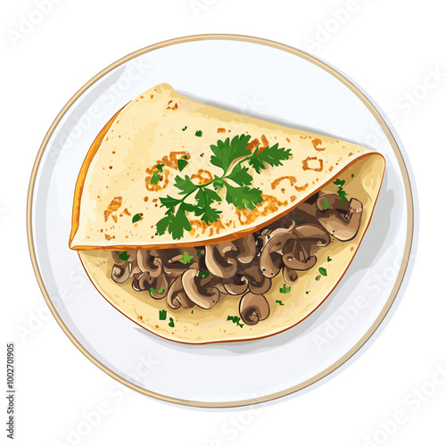 Illustration of mushroom-filled crepe on a plate