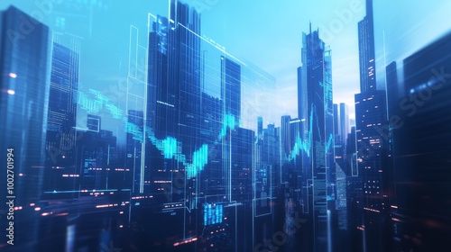 Wallpaper Mural A futuristic cityscape features towering skyscrapers with digital data visualizations, showcasing advanced technology and innovation. Torontodigital.ca