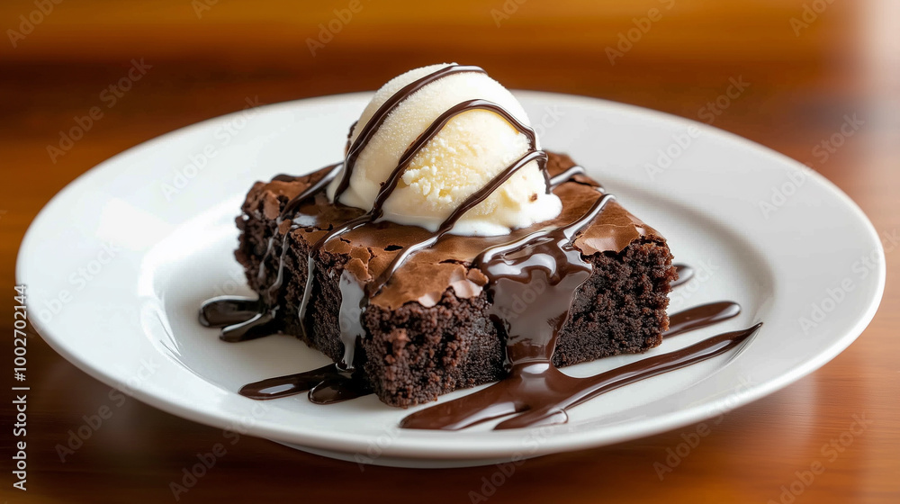 Warm chocolate brownie topped with vanilla ice cream on white plate Warm chocolate brownie topped with vanilla ice cream on white plate