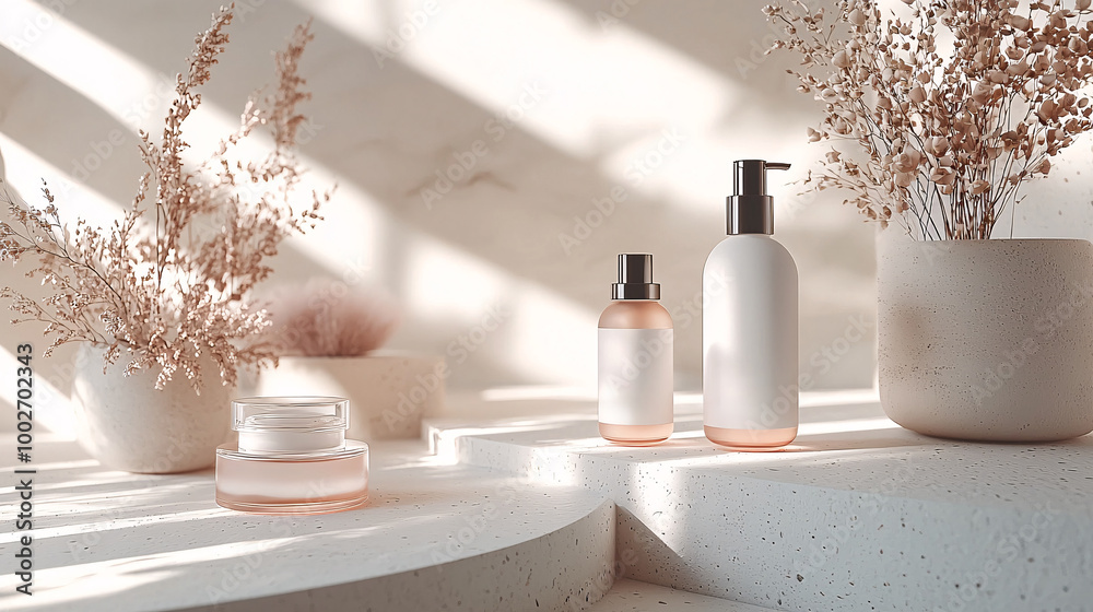 Visualize a clean, minimalistic beauty product shot with abstract white and transparent shapes in the background Visualize a clean, minimalistic beauty product shot with abstract white and transparent shapes in the background