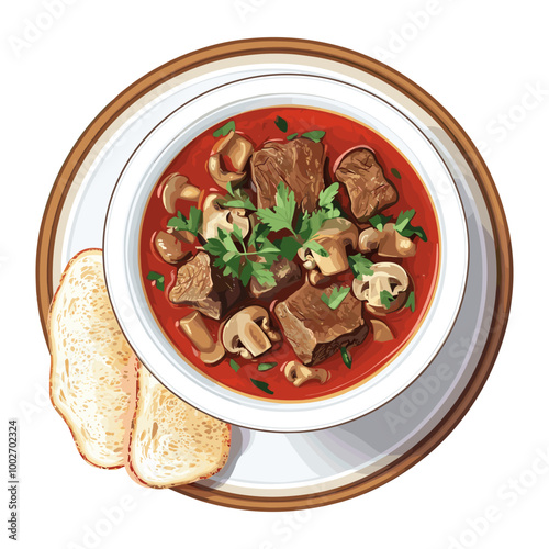 Beef stew with mushrooms and herbs served with bread