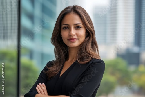 Free Download Powerful indian businesswoman leader standing with arm crossed in city office building background, Generative AI - GFXLoad