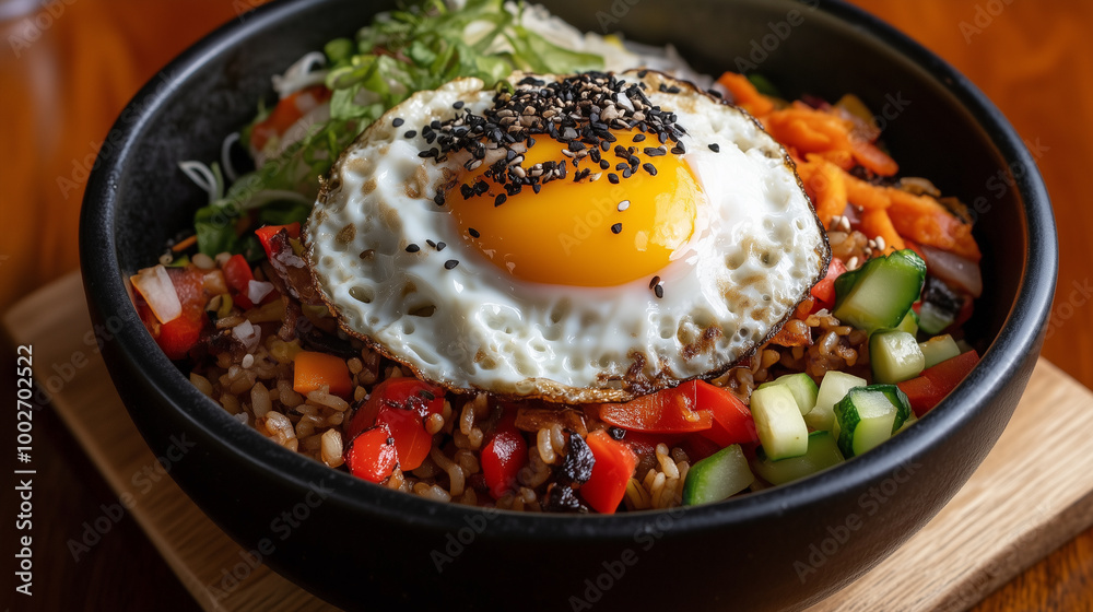 Fried rice served in black bowl with vegetables and egg Fried rice served in black bowl with vegetables and egg