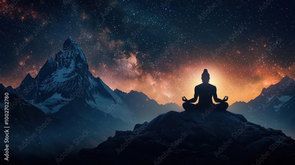 Shiva with a calm face, seated in lotus pose on a mountaintop, cosmic energies flowing around him, Shiva, meditation, cosmic peace
