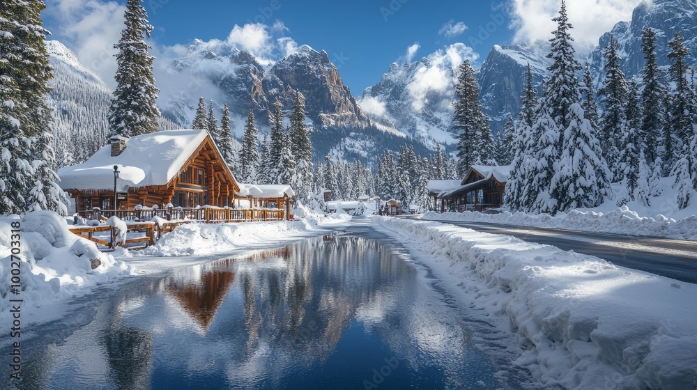 Naklejka premium Cozy cabin in snowy mountain landscape with reflection in water