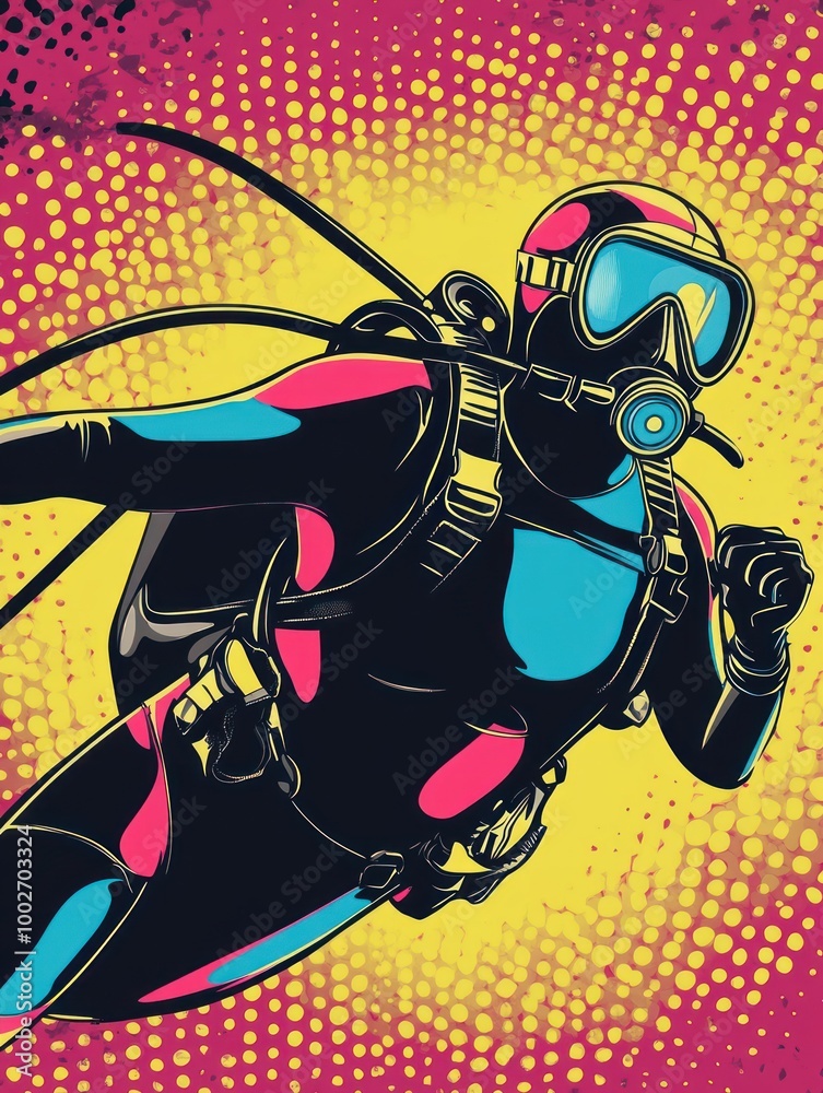 Obraz premium A retro-style illustration of a scuba diver in a black wetsuit with pink and blue accents, wearing a diving mask and carrying an oxygen tank, surrounded by a yellow and pink dotted background.