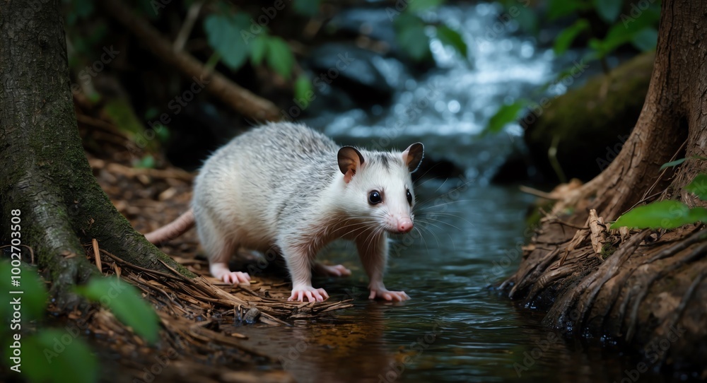Cute opossum exploring a dense woodland with a bubbling stream flowing behind it Cute opossum exploring a dense woodland with a bubbling stream flowing behind it