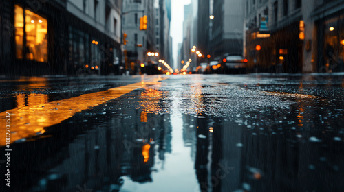 A city street seen at eye-level angle during a rainstorm,