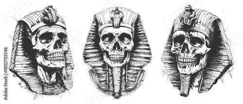 Pharaoh skull sketches. Egypt pharaohs skulls face tattoo sketch, egyptian civilisation dead king skeleton head vintage pencil drawing history person retro art vector illustration