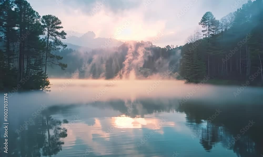 Misty forest with a lake in the background. The water is calm and the sky is a mix of blue and pink. hyperrealistic Video