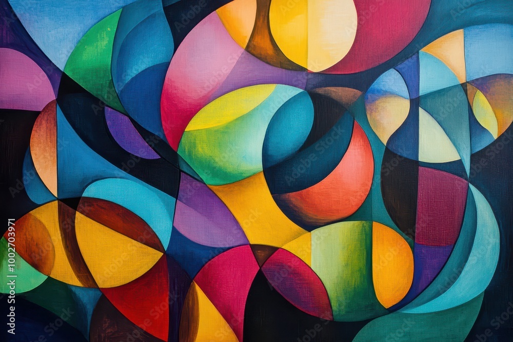 Obraz premium Abstract Painting with Interlocking Geometric Shapes and Vibrant Colors