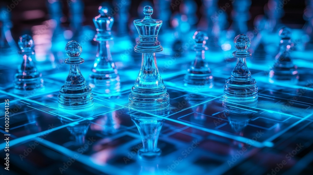 A futuristic chessboard features glowing, translucent pieces, creating a captivating ambiance with vibrant blue lighting. A futuristic chessboard features glowing, translucent pieces, creating a captivating ambiance with vibrant blue lighting.