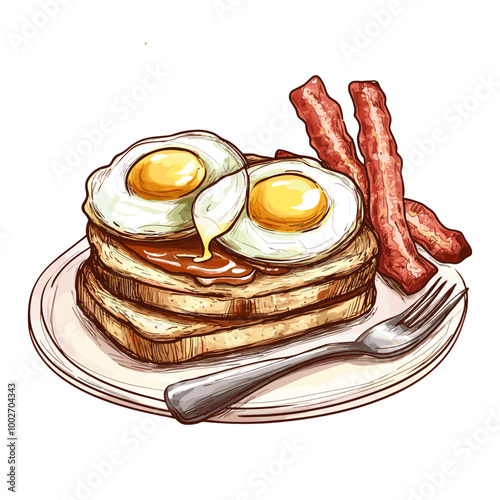 Stylized Illustration of Breakfast with Fried Eggs, Bacon, and Toast