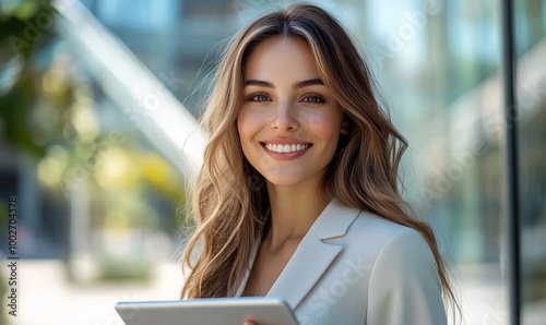 Smiling businesswoman holding a tablet while standing outdoors in front of modern office building in a sunny day, Generative AI