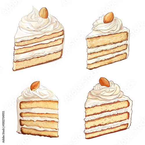Stylized Illustration of Layered Cake Slice with Whipped Cream and Almond