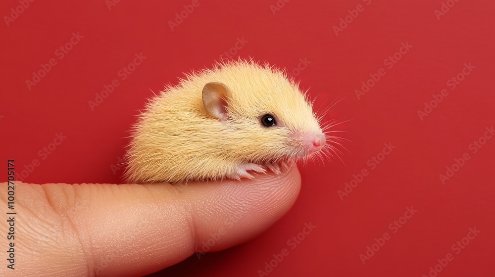A tiny, yellow mouse sits perched on a human finger, against a bright red backdrop. A tiny, yellow mouse sits perched on a human finger, against a bright red backdrop.