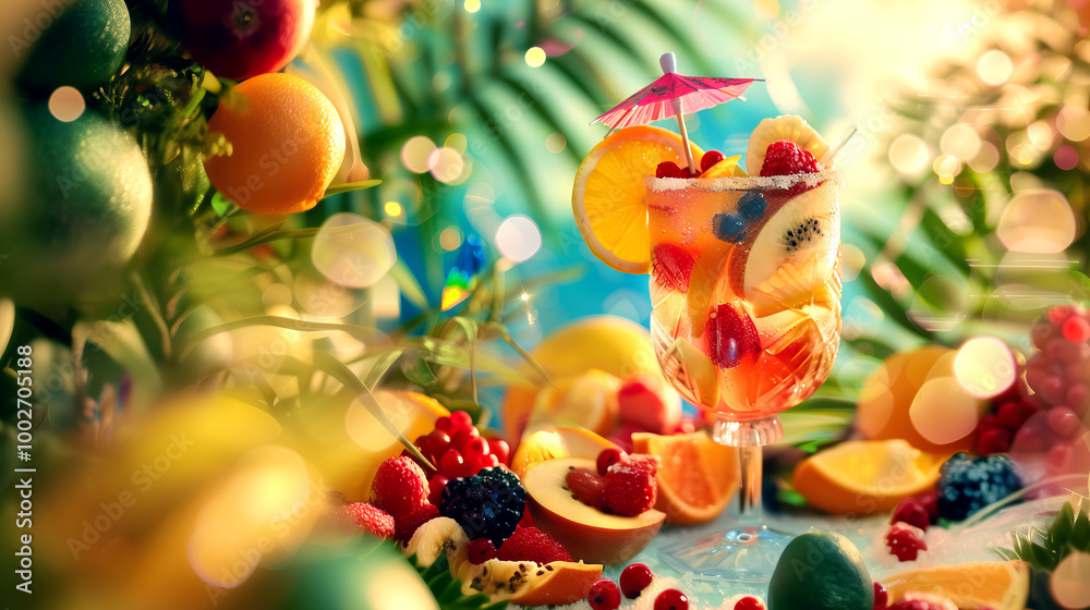 Fototapeta premium Refreshing Fruit Cocktail Garnished With Vibrant Fruits and Colorful Umbrella in a Tropical Setting