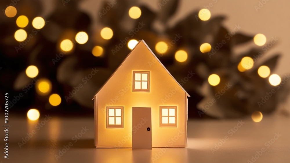Serene Warm-Toned of Paper-Cut House Model Illuminated from Within, Set Against a Blurred Background of Golden Bokeh Lights and Out-of-Focus Foliage, Evoking Warmth and Coziness Serene Warm-Toned of Paper-Cut House Model Illuminated from Within, Set Against a Blurred Background of Golden Bokeh Lights and Out-of-Focus Foliage, Evoking Warmth and Coziness