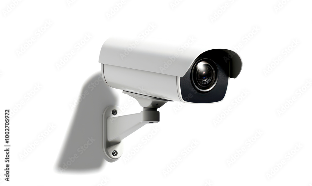 Security camera mounted on a wall, angled downwards, with a black lens, isolate on white background Security camera mounted on a wall, angled downwards, with a black lens, isolate on white background