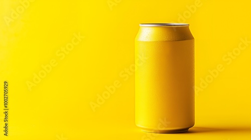 Yellow can with condensation on a yellow background.