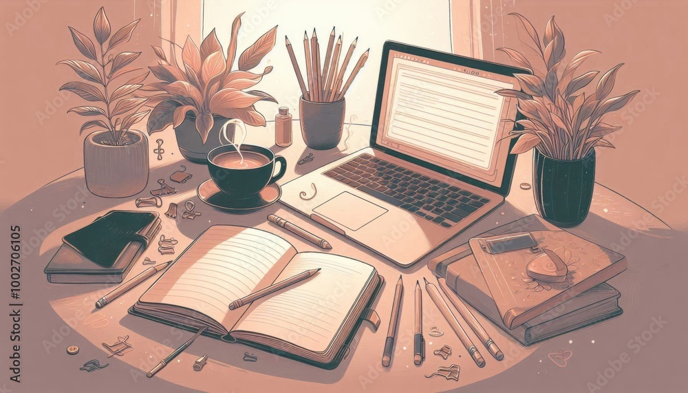 A lo-fi vector of an open notebook on a desk, surrounded by scattered pencils, a cup of tea, A lo-fi vector of an open notebook on a desk, surrounded by scattered pencils, a cup of tea,