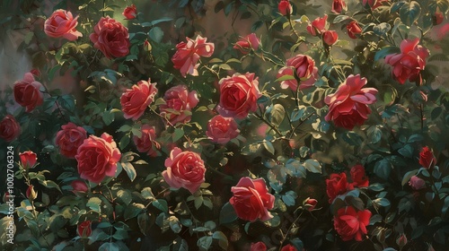 Amidst a sea of verdant greenery, a spectacle of radiant roses takes center stage, their blossoms imbuing the landscape with shades of red and pink.jpg photo