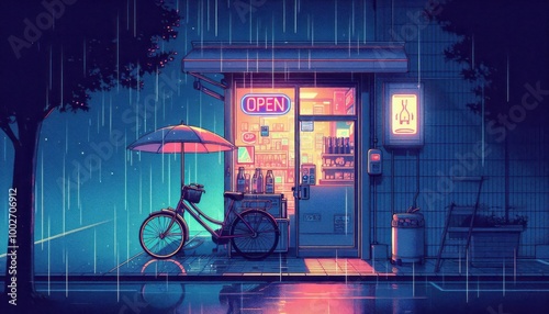 Lo-fi vector art of a small convenience store at night, with dim fluorescent lights, a neon 'Open' sign in the window, and a bicycle parked outside in soft rain
