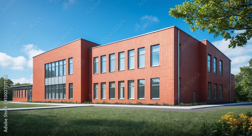 Fototapeta premium Modern red brick school building set against a backdrop of lush greenery and a bright blue sky