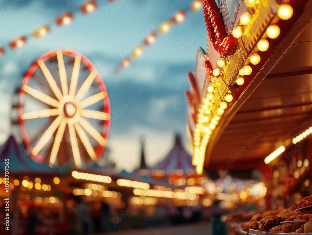 Naklejka premium A vibrant Ferris wheel with glowing lights stands out against a sunset sky at a carnival. Blurred foreground lights add depth.