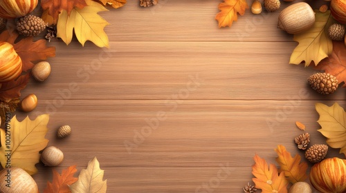 A vibrant Thanksgiving border with golden fall leaves, acorns, and a rustic wood texture in the background.