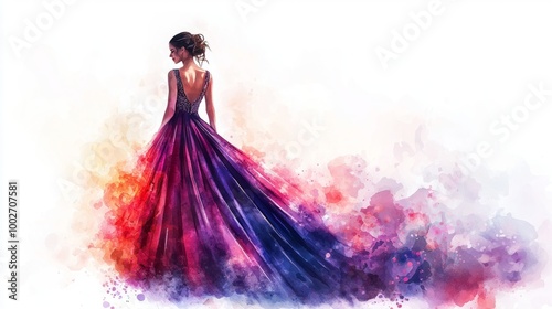 Abstract artistic portrait of woman in a flowing vibrant watercolor gown