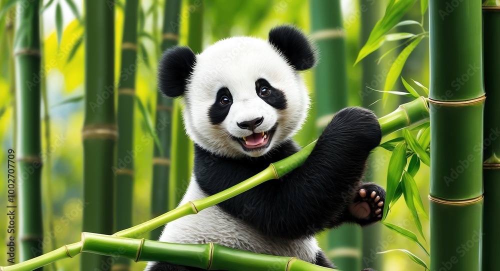 Obraz premium Playful baby panda enjoying bamboo in a lush vibrant bamboo environment