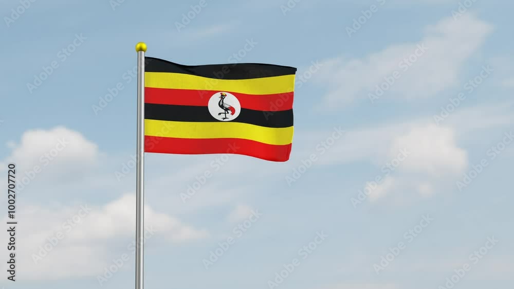 Uganda Flag Waving Animation with Realistic Fabric Texture Against Sky Background. Uganda flying flag with looping features. Uganda fluttering flag in the wind. Ideal for independence day Uganda Flag Waving Animation with Realistic Fabric Texture Against Sky Background. Uganda flying flag with looping features. Uganda fluttering flag in the wind. Ideal for independence day