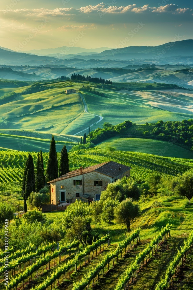 Fototapeta premium Beautiful landscape of grape plantation farm land winery