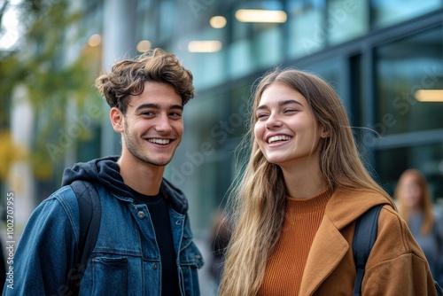 Cheerful young colleagues interacting outside modern office building, Generative AI