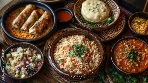 A selection of authentic Uzbek dishes like pilaf and samsa, served in traditional bowls, creating a warm, cultural food experience.